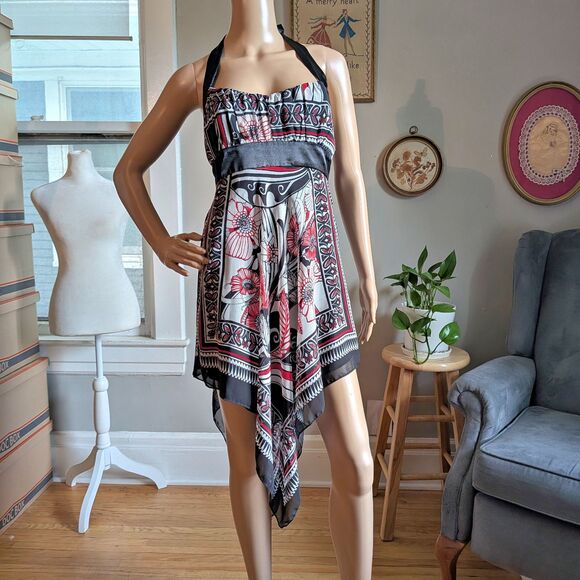 Vintage Y2K Trixxi Halter Dress Red Handkerchief Floral Whimsigoth Jrs Size 5 - Picture 2 of 10